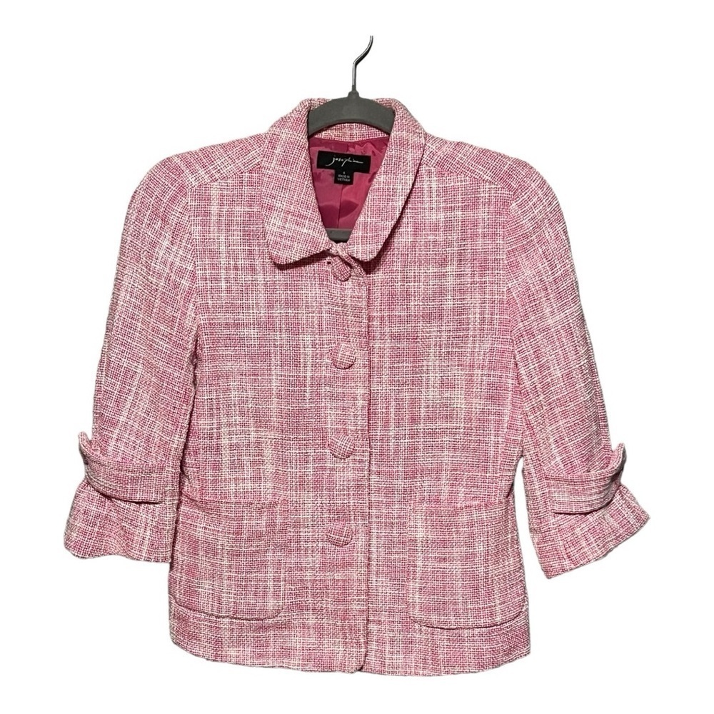 Josephine Cropped Tweed Blazer Women’s Size 6 Pink & White Button Front Jacket